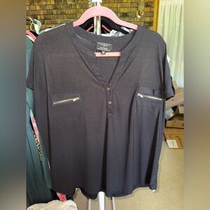 Flower and Feather Black Women's Top with Zipper Details